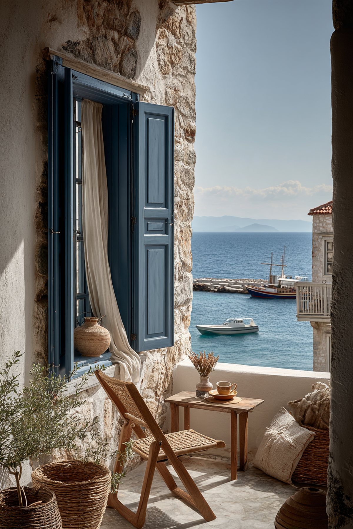 A small stone balcony with blue shutters open onto the harbour and the morning sea