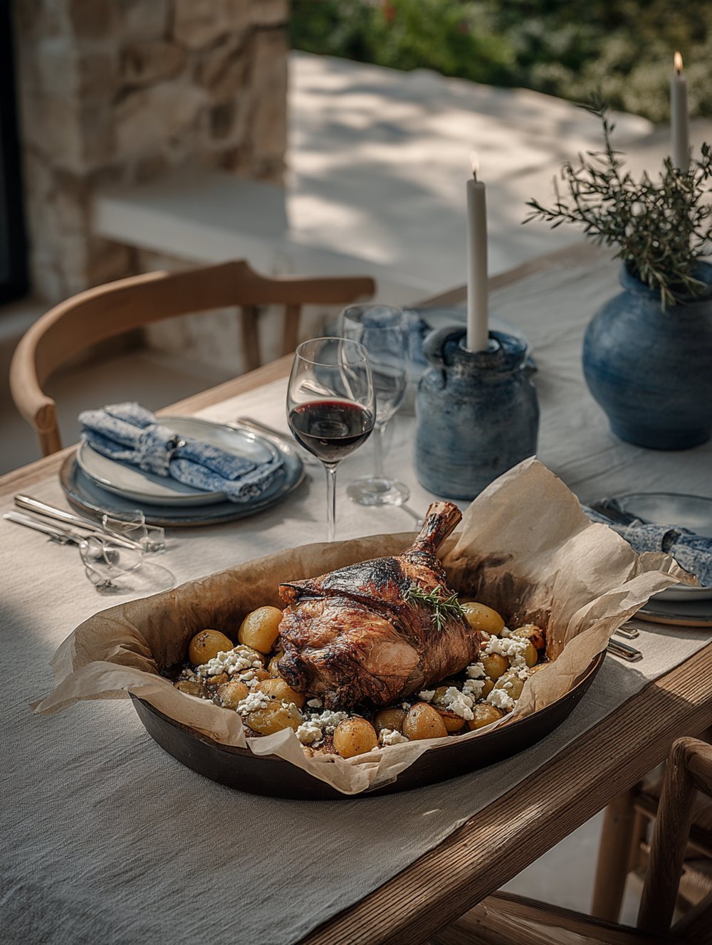 Lamb kleftiko with lemon potatoes on its opened parchment