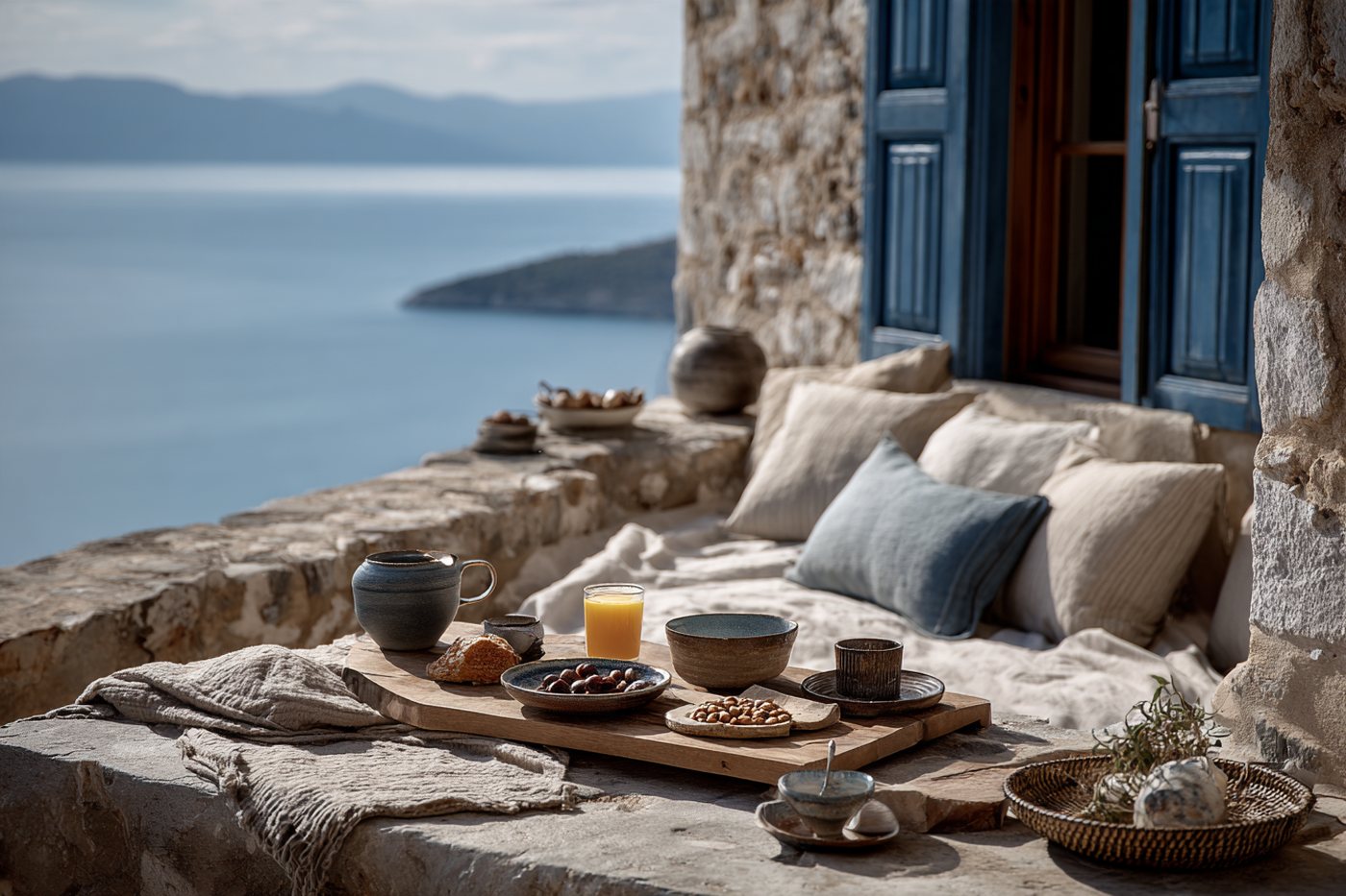 Breakfast on a stone balcony above the harbour, Greek coffee, yogurt with honey and figs