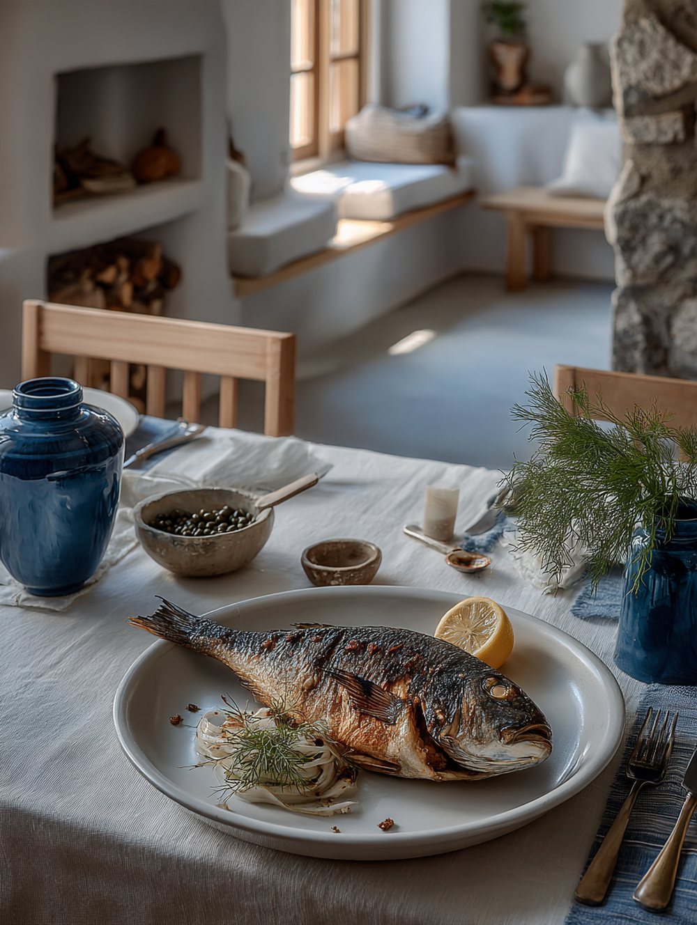Wood-fired sea bream with crisp skin on a cream island plate