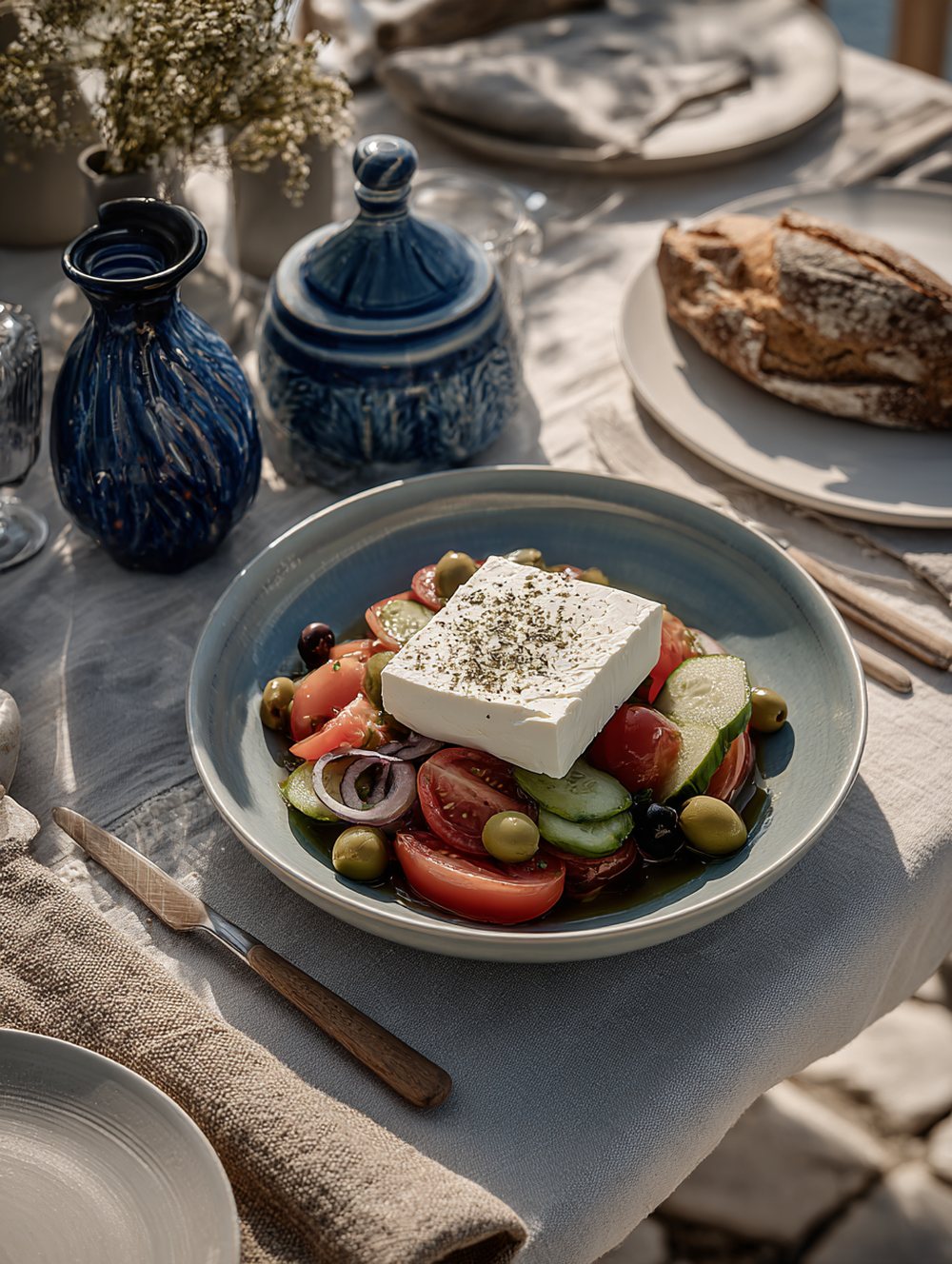 Greek village salad with a slab of feta and oregano