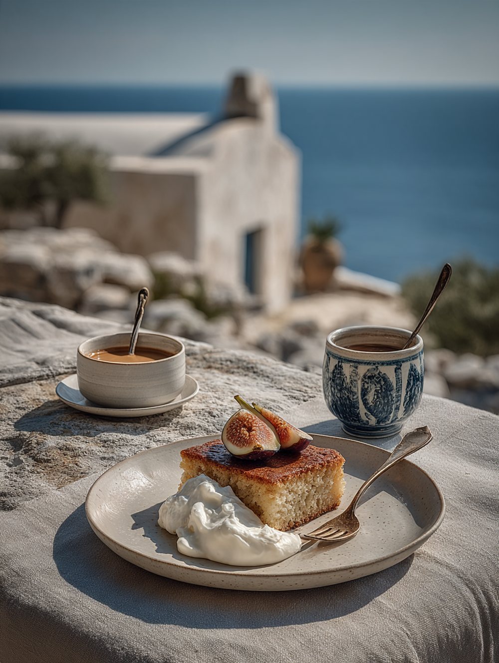Olive oil cake with Greek yogurt, roasted figs and thyme honey