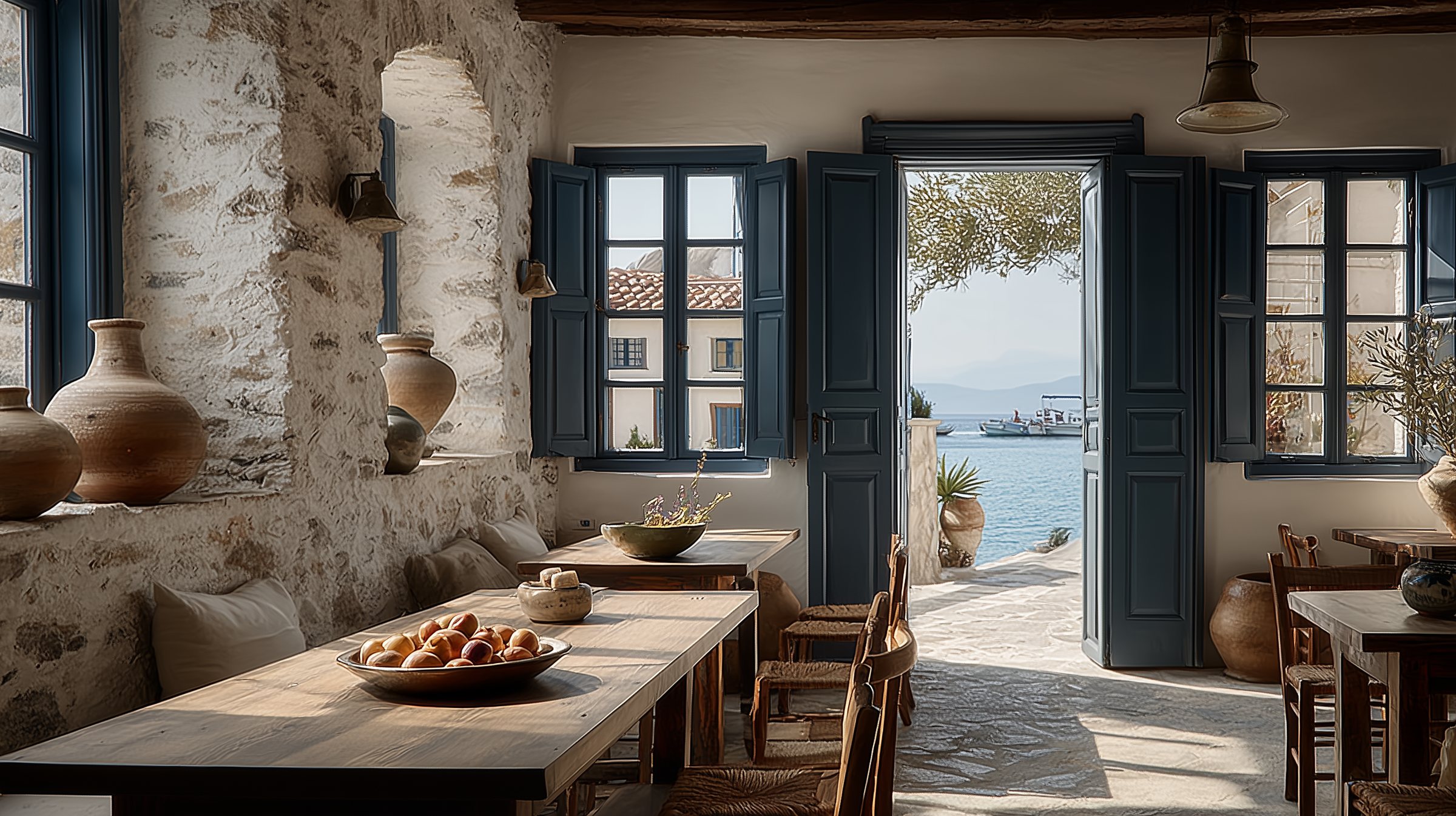 Whitewashed taverna dining room with linen tables and tall blue doors open onto the harbour