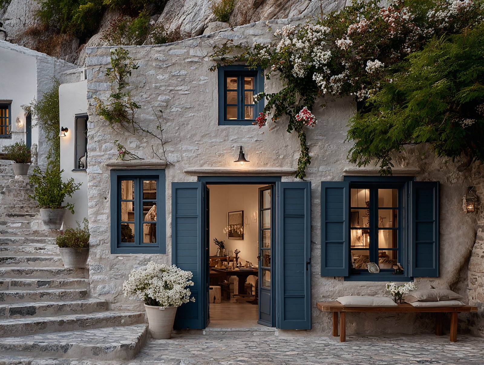 Whitewashed taverna on a stepped stone lane at dusk, a blue door and warm light inside