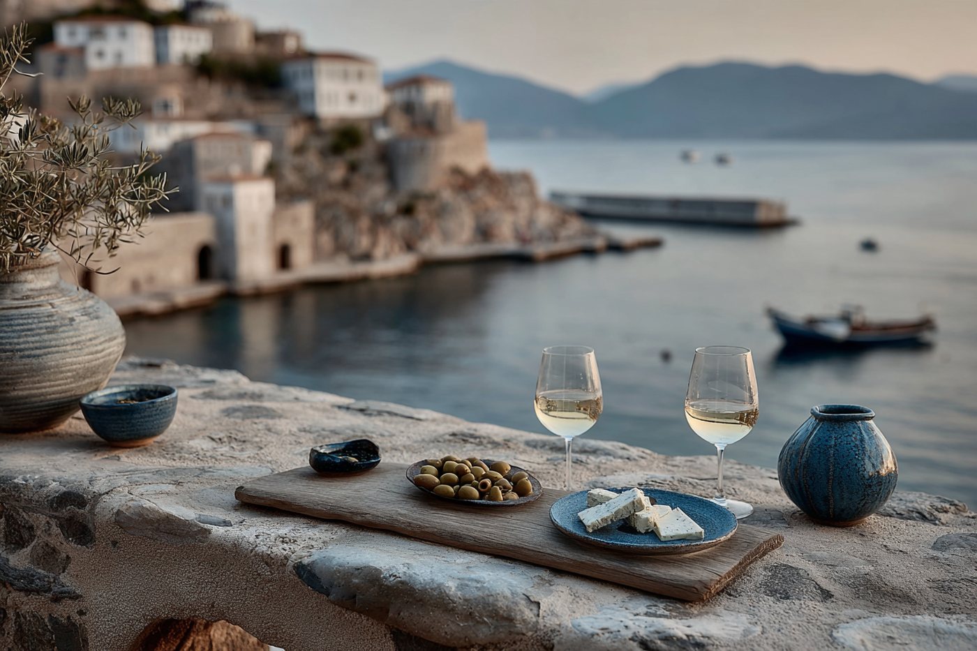 Two glasses of white wine with olives and feta on the harbour wall at golden hour