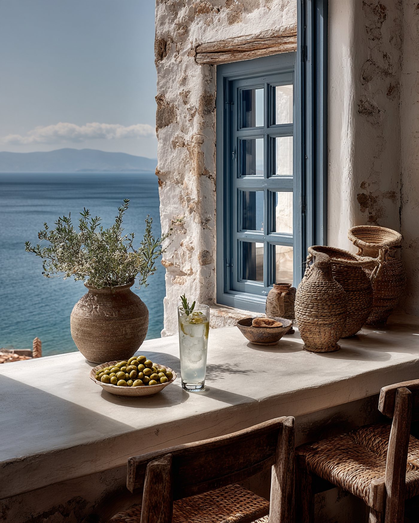 Highball with lemon peel and wild thyme beside a dish of green olives on a whitewashed counter