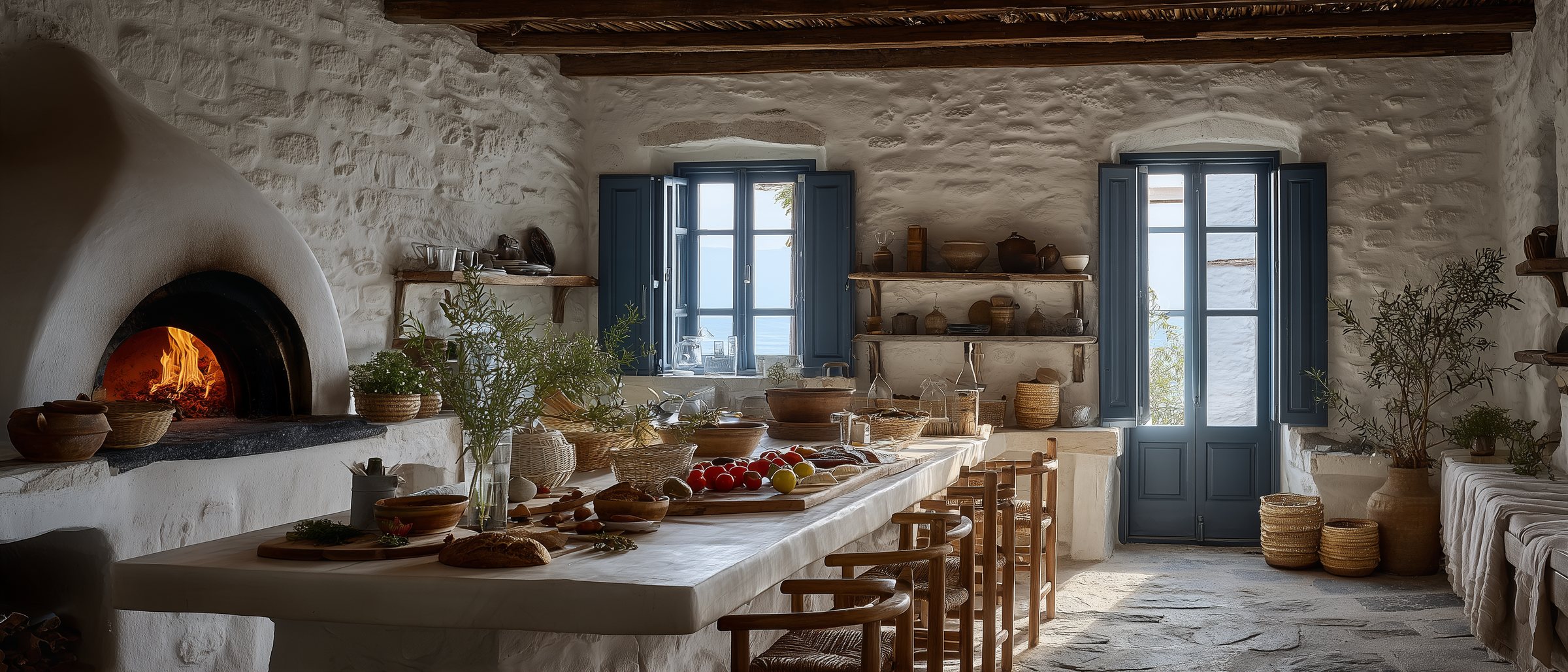 Bright taverna kitchen with a whitewashed wood-fired oven and fresh fish, lemons and oregano on a stone counter