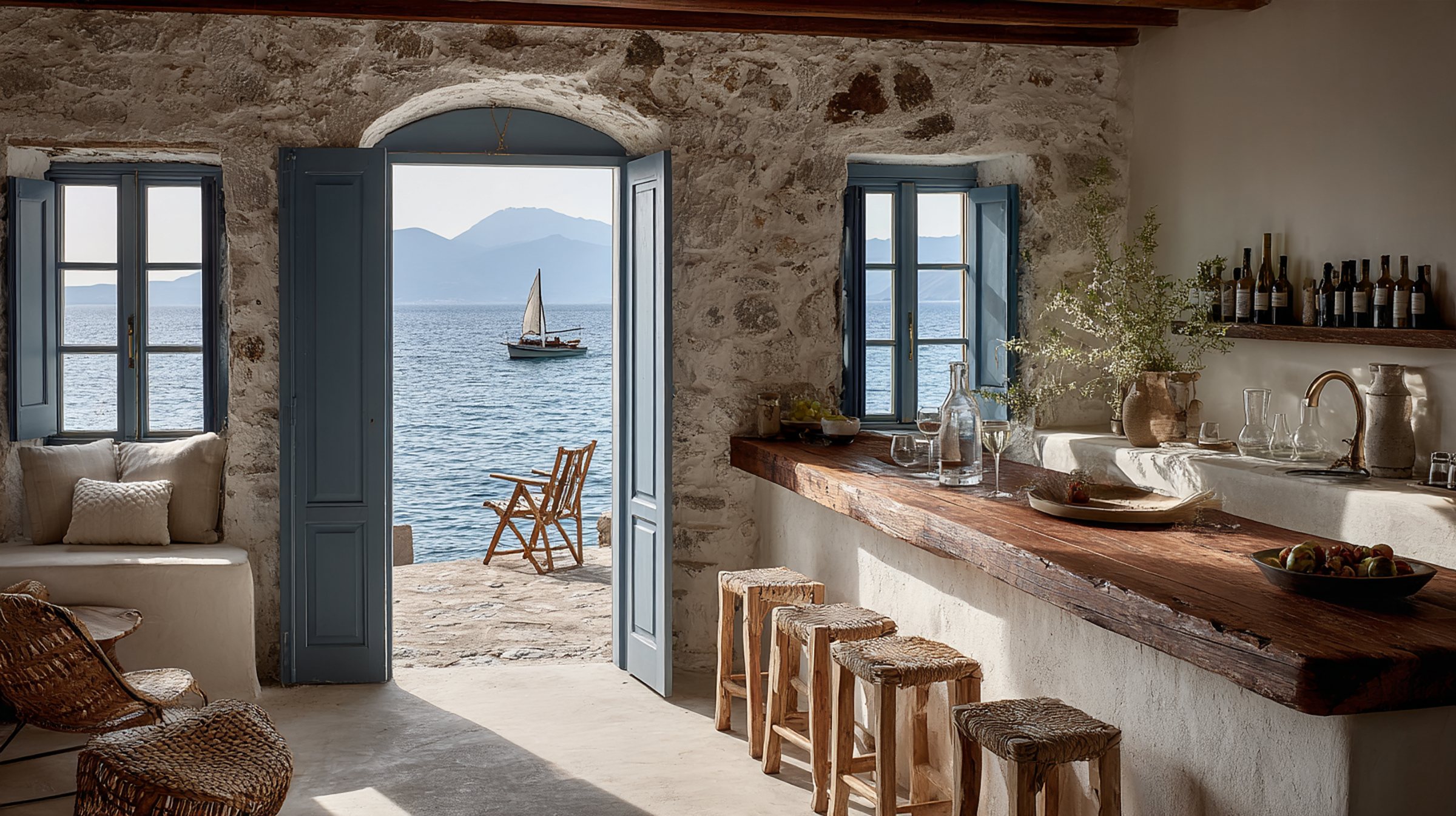 Harbourside bar with a whitewashed counter and an open window onto the fishing boats