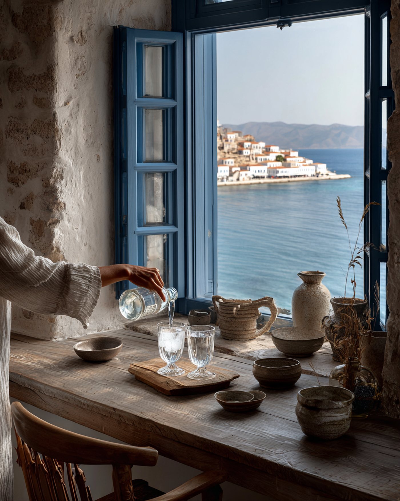 A hand pouring ouzo over ice, turning it cloudy white, on an olive-wood counter