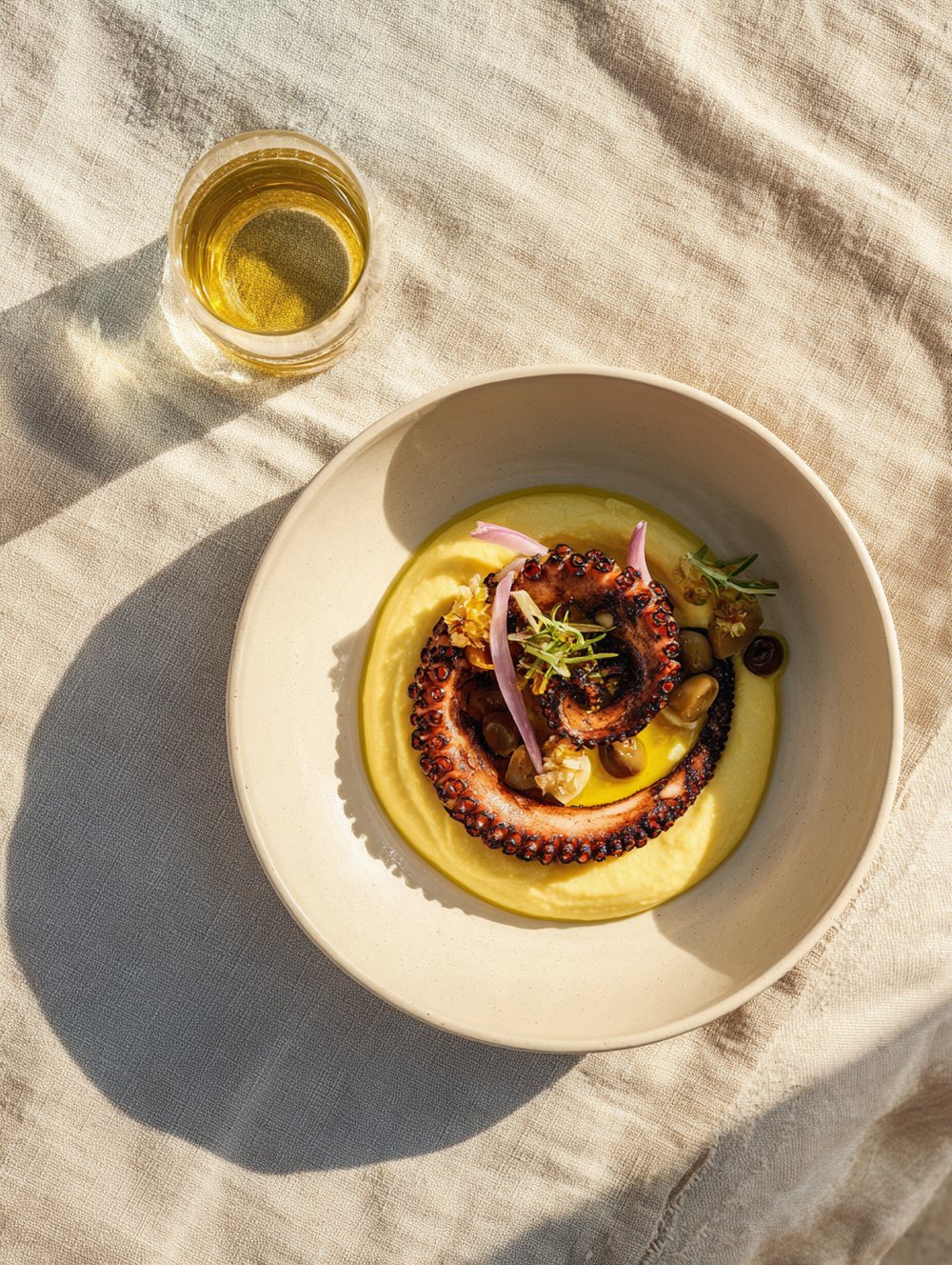 Chargrilled octopus on yellow fava purée with capers