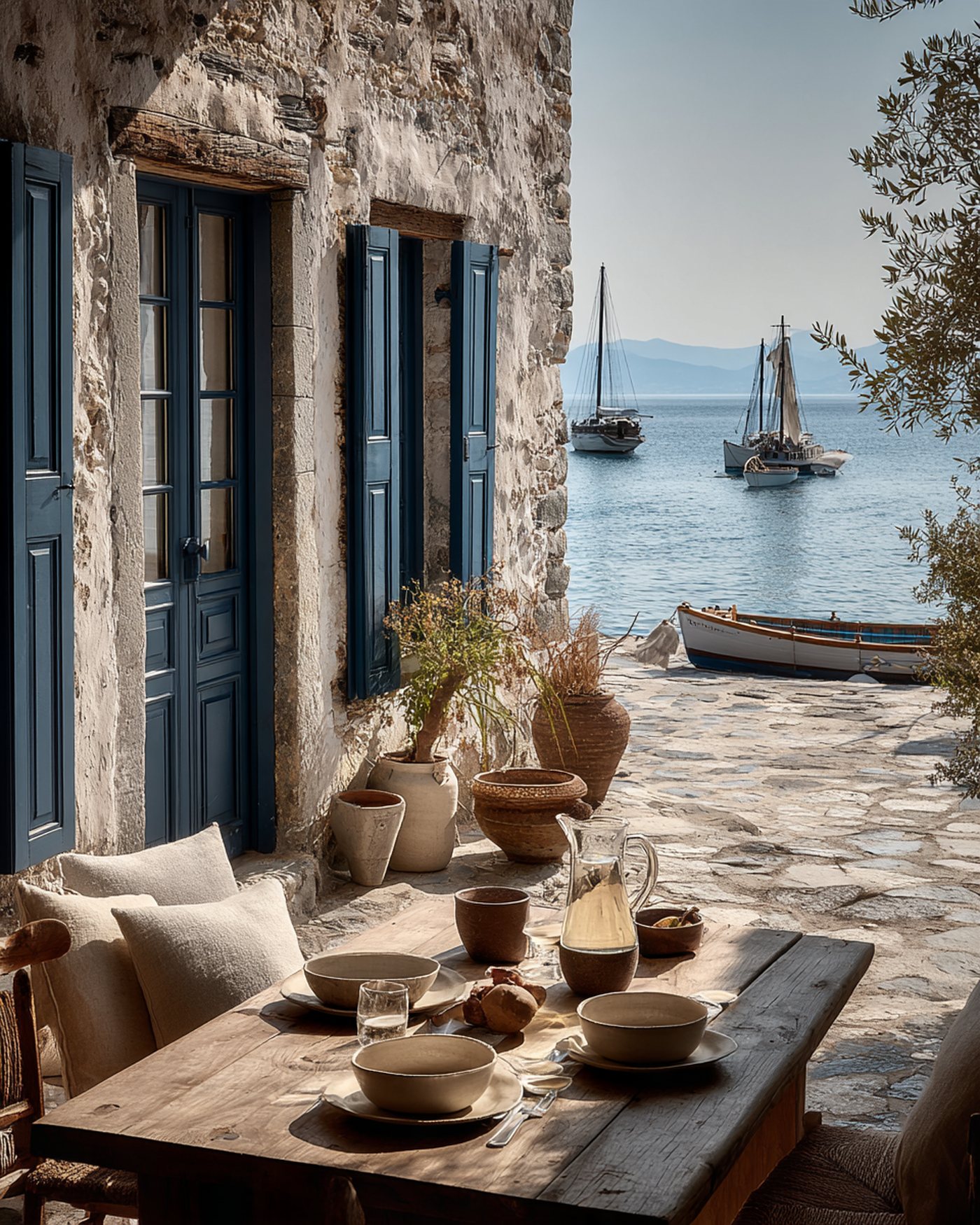 Taverna table for two by the harbour with cream island ceramics and a carafe of white wine