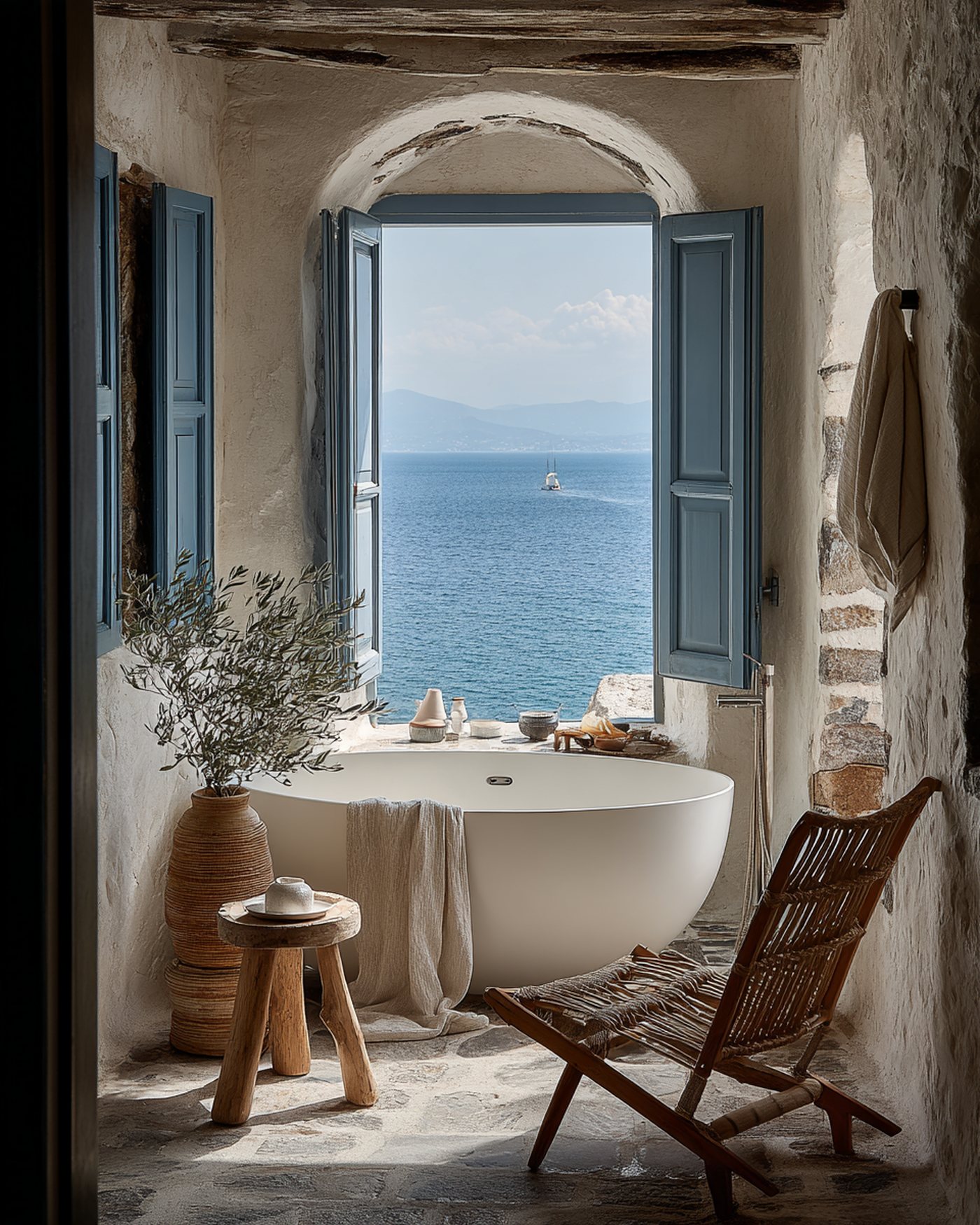 Whitewashed stone bathroom with a white bathtub and an arched window open onto the sea