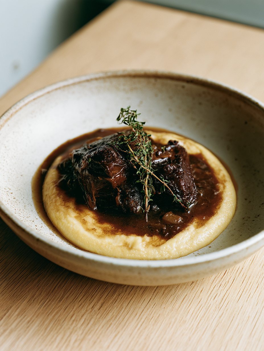 Slow-cooked beef cheek in red wine sauce on creamy polenta