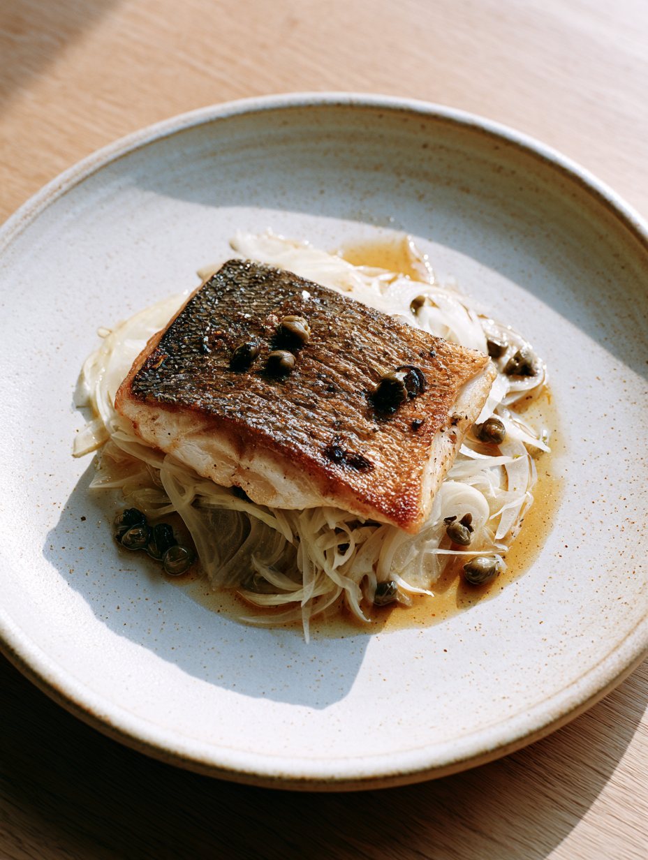Wood-fired sea bream with fennel and capers on a speckled plate