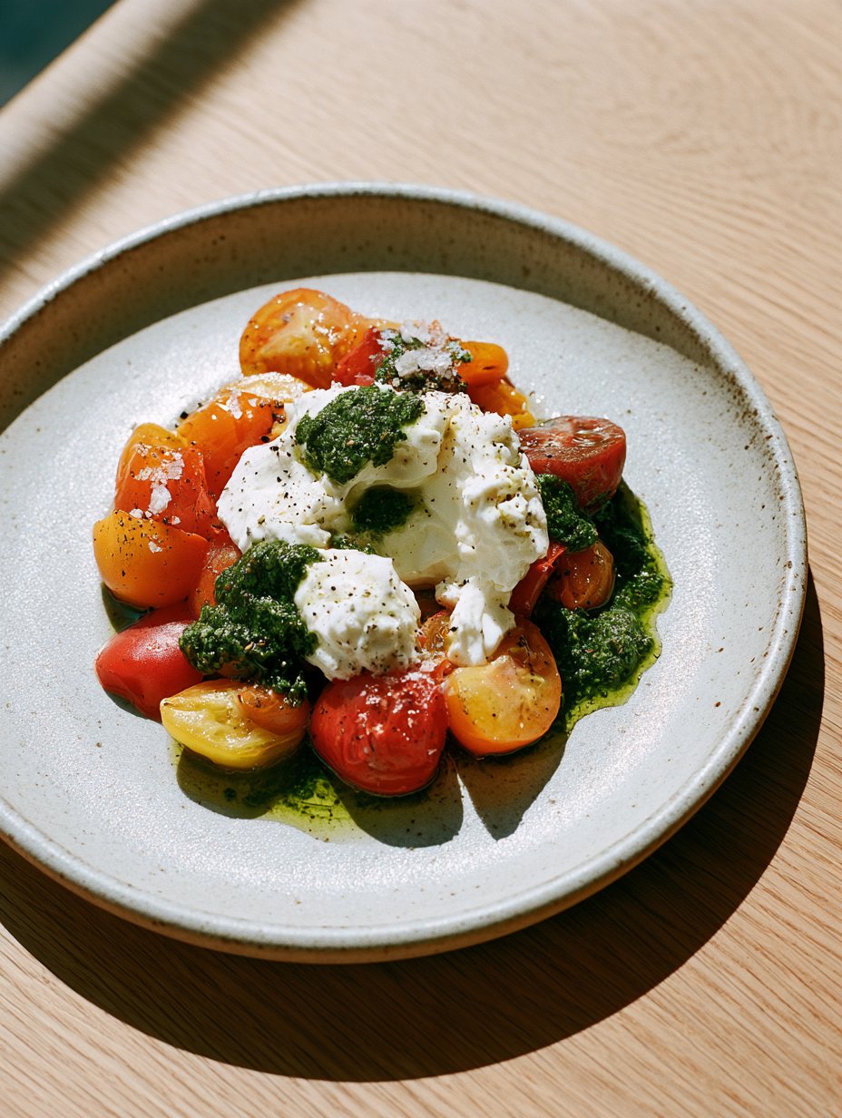Burrata with heirloom tomatoes and basil oil