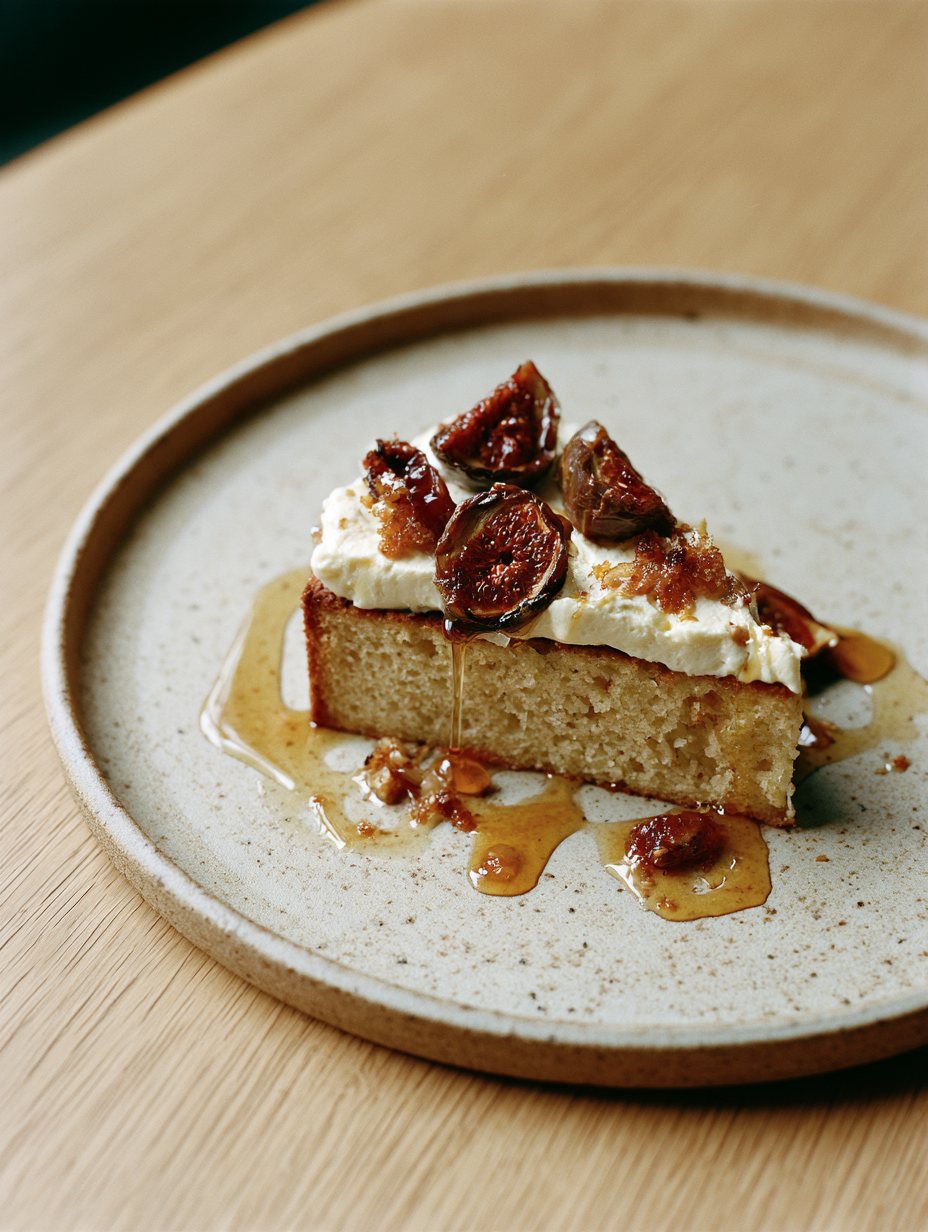 Olive oil cake with mascarpone and roasted figs