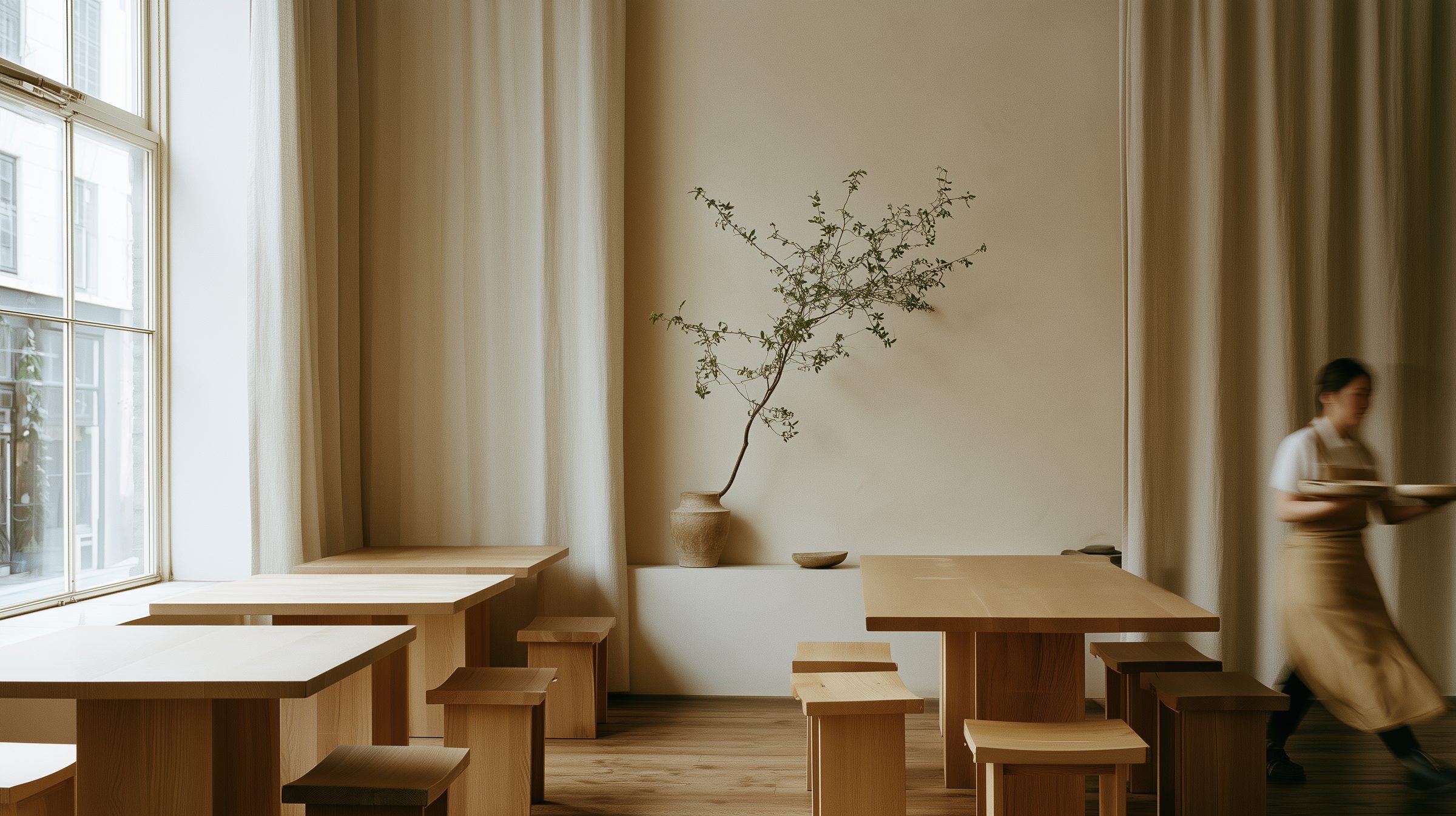 Linen-curtained dining room with oak tables and a branch on the plaster wall, a waiter passing through