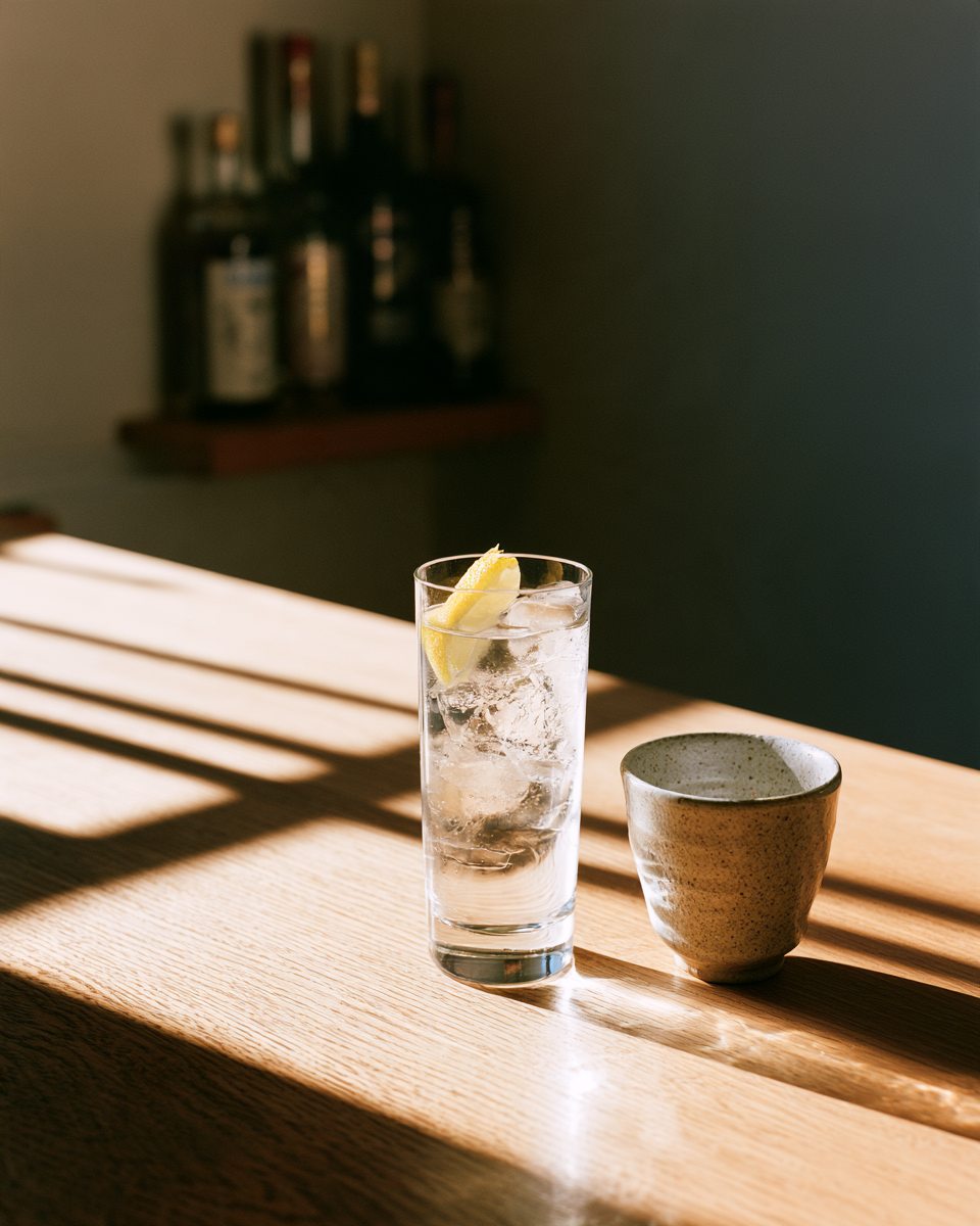 Highball with lemon peel beside a speckled ceramic cup on a sunlit oak counter