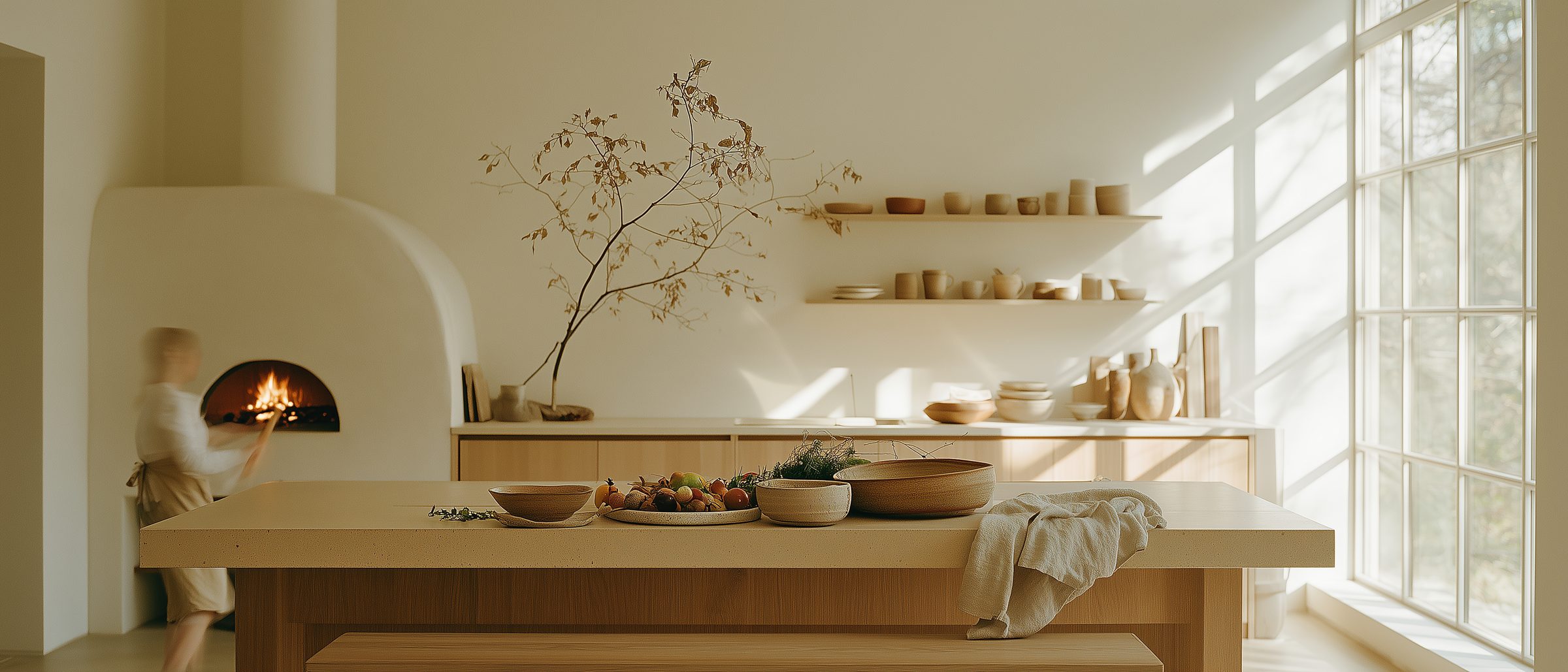 Sunlit kitchen with a white plaster wood-fired oven, a cook at the fire and a stone counter with bowls and vegetables
