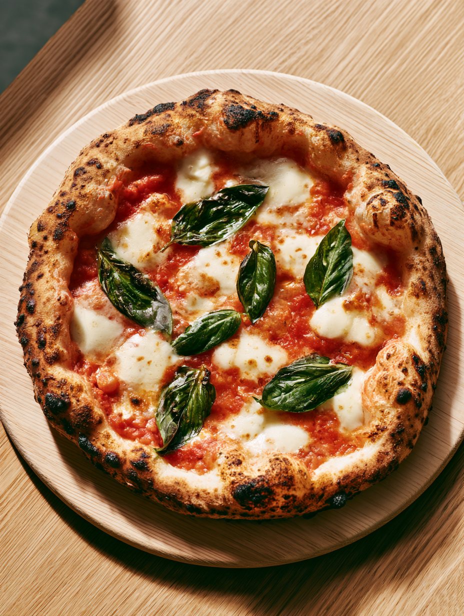 Wood-fired margherita pizza with basil on a wooden board