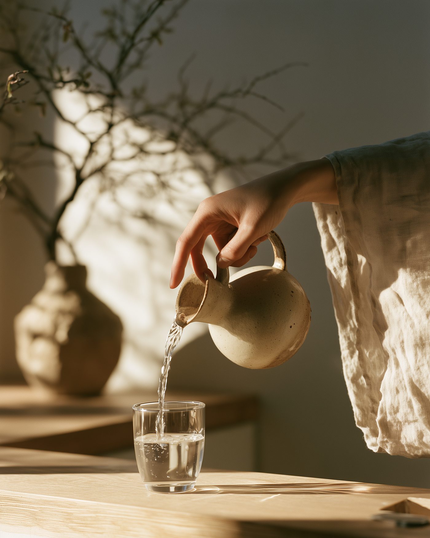 A hand in a linen sleeve pouring from a stoneware jug into a small glass