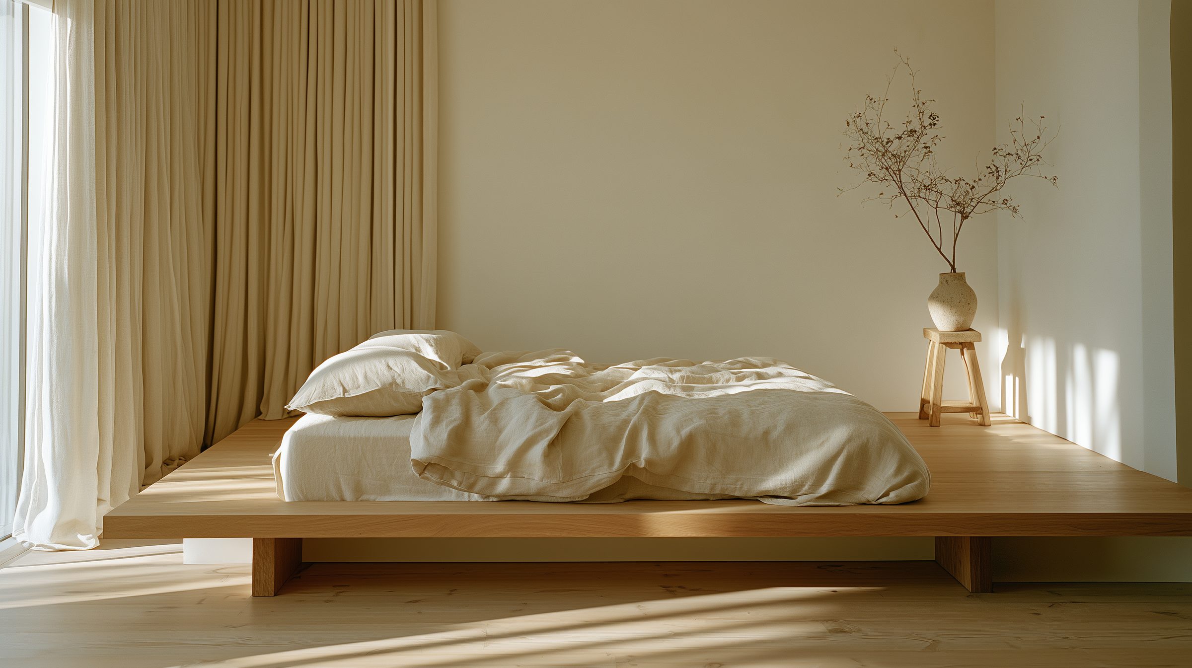 Calm bedroom with a low oak platform bed in rumpled linen, sunlight on the floor and a branch on a wooden stool
