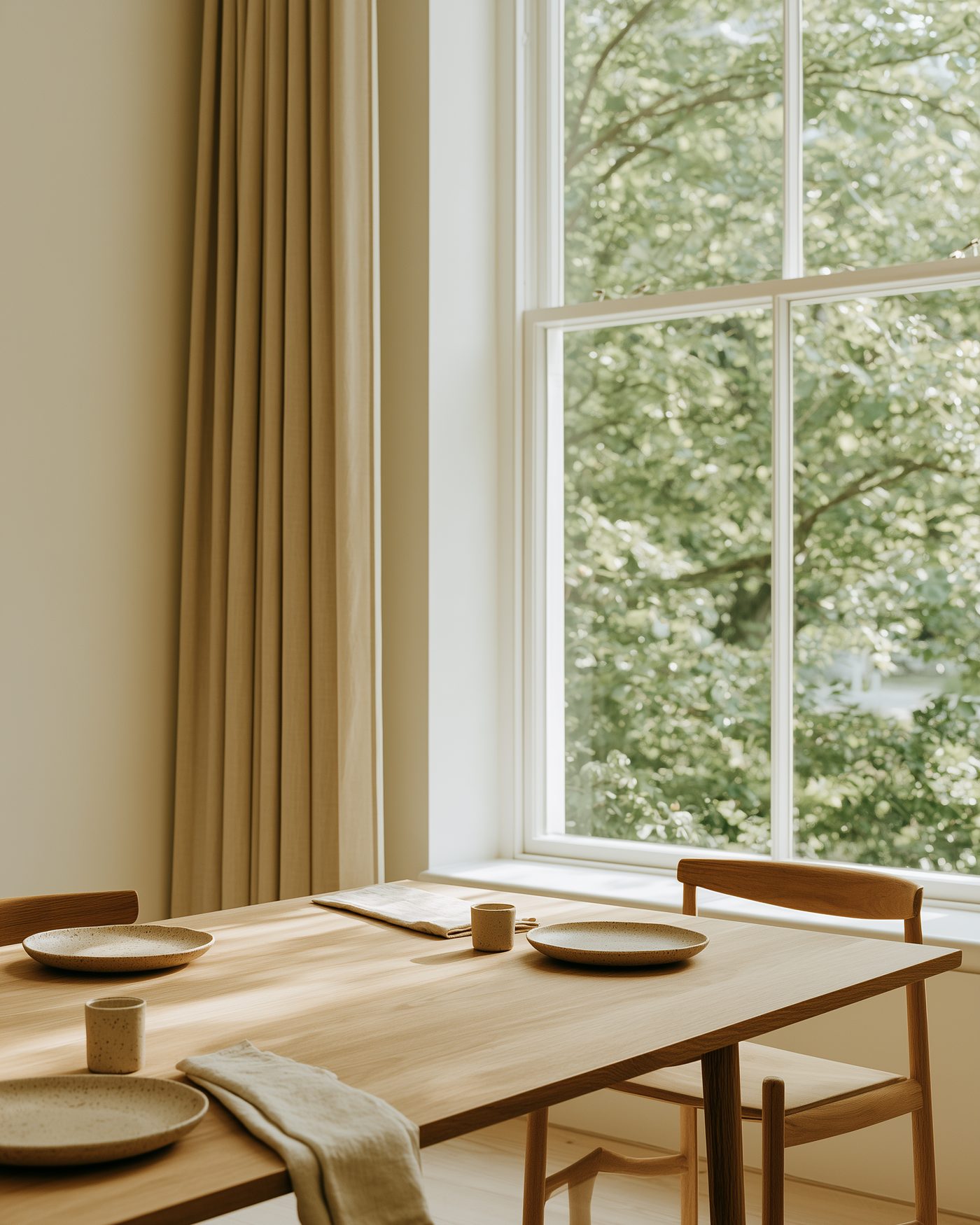 Oak table set for two with speckled stoneware by a tall window onto green trees