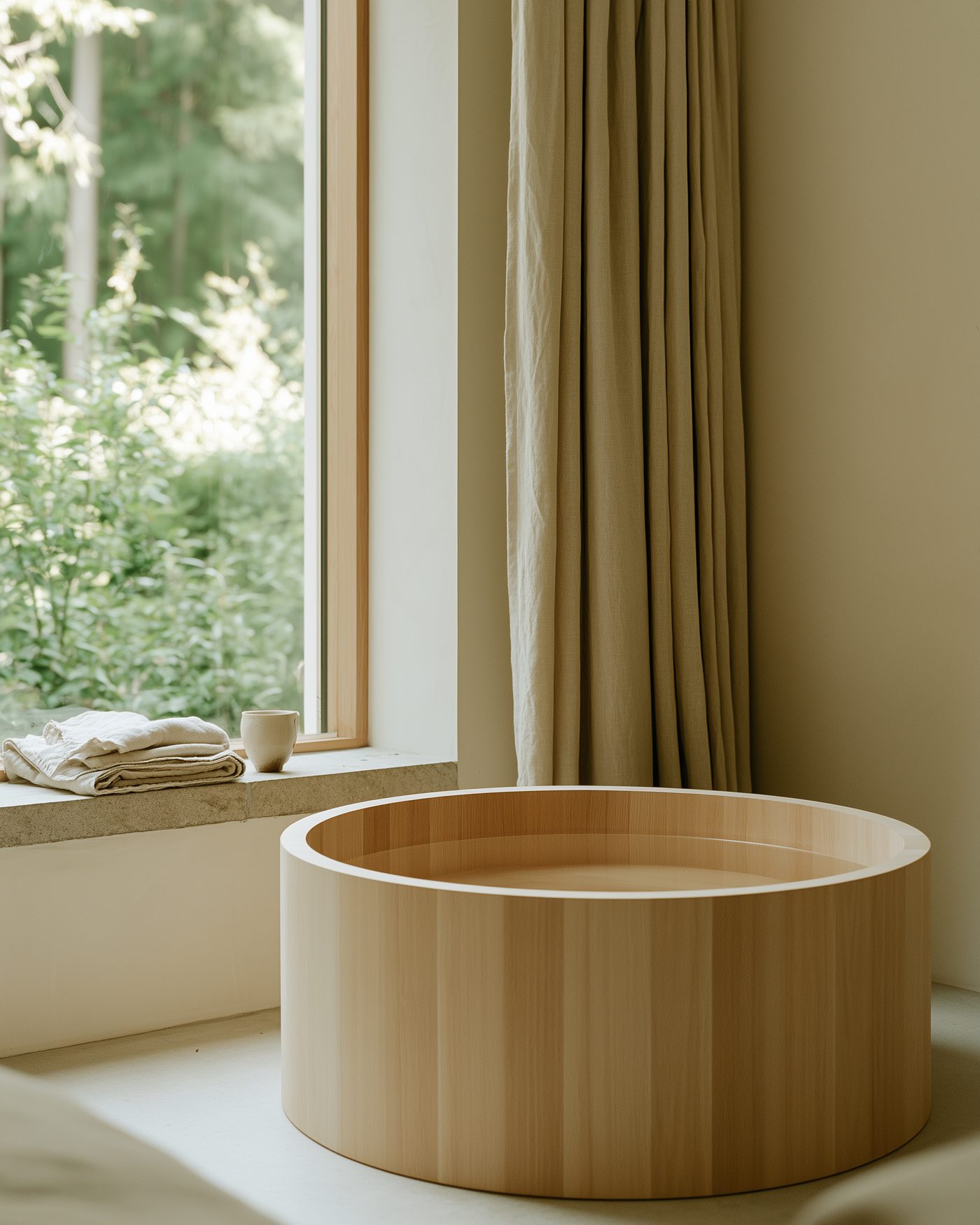 Round wooden soaking tub by a window onto a green garden, a linen towel on the ledge